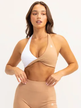 Duo Halter Twist Sports Bra - White/Tan