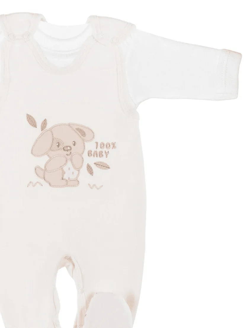 Early Baby Top & Puppy Footed Dungarees Set - Cream