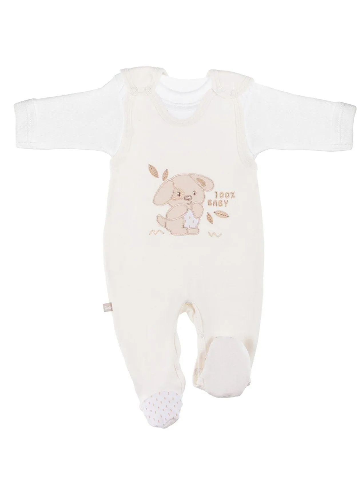 Early Baby Top & Puppy Footed Dungarees Set - Cream