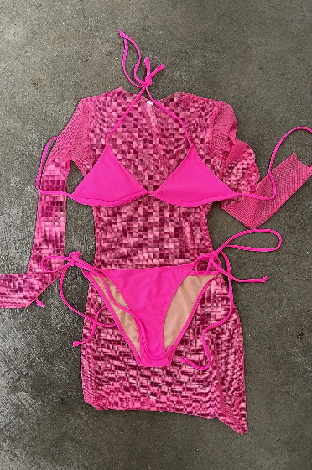 Electric Pink Bikini and Mesh Dress Set