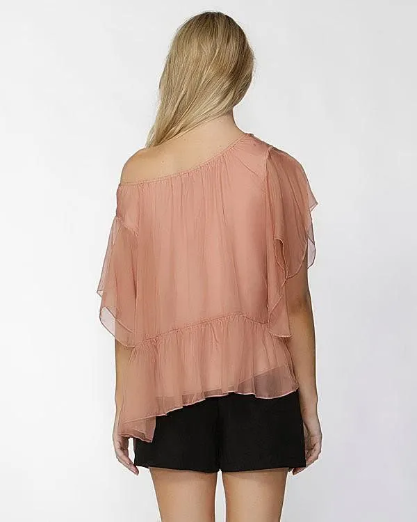 Fate   Becker Este Ruffled Sheer Silk Blouse in Blush