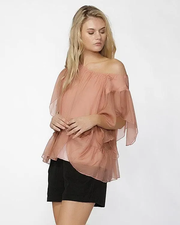 Fate   Becker Este Ruffled Sheer Silk Blouse in Blush