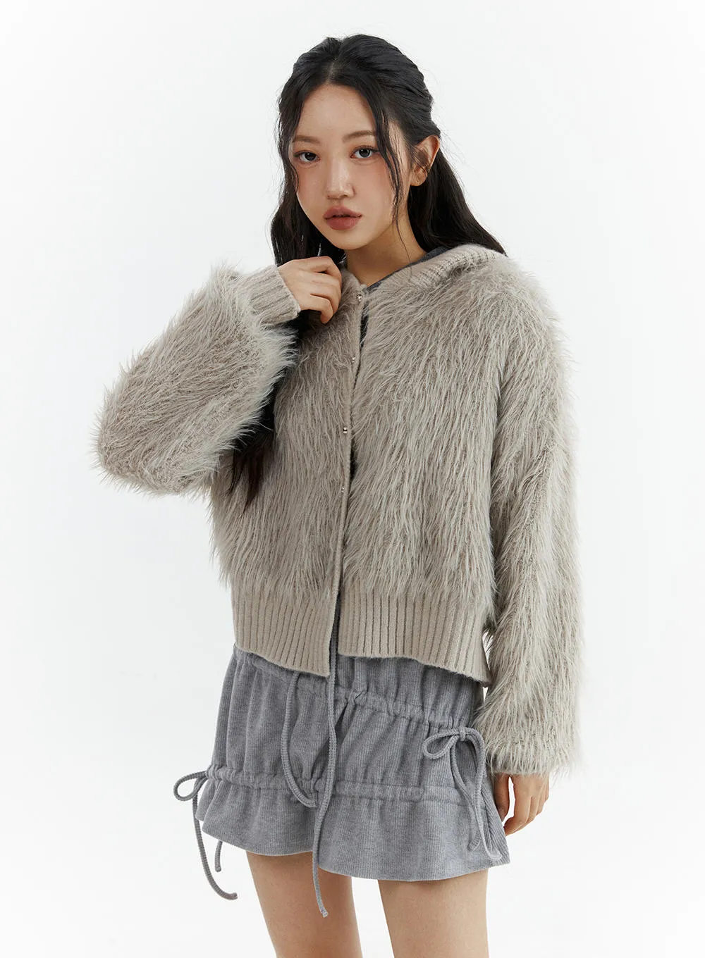 Faux Fur Button-Up Knit Cardigan CJ423