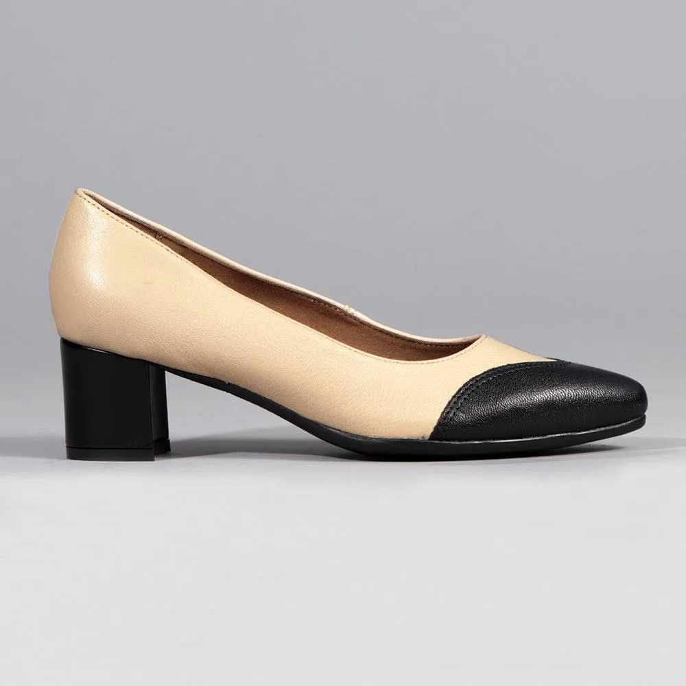 Froggie Spring Leather 2 Toned Block Court Heel - Cream / Black