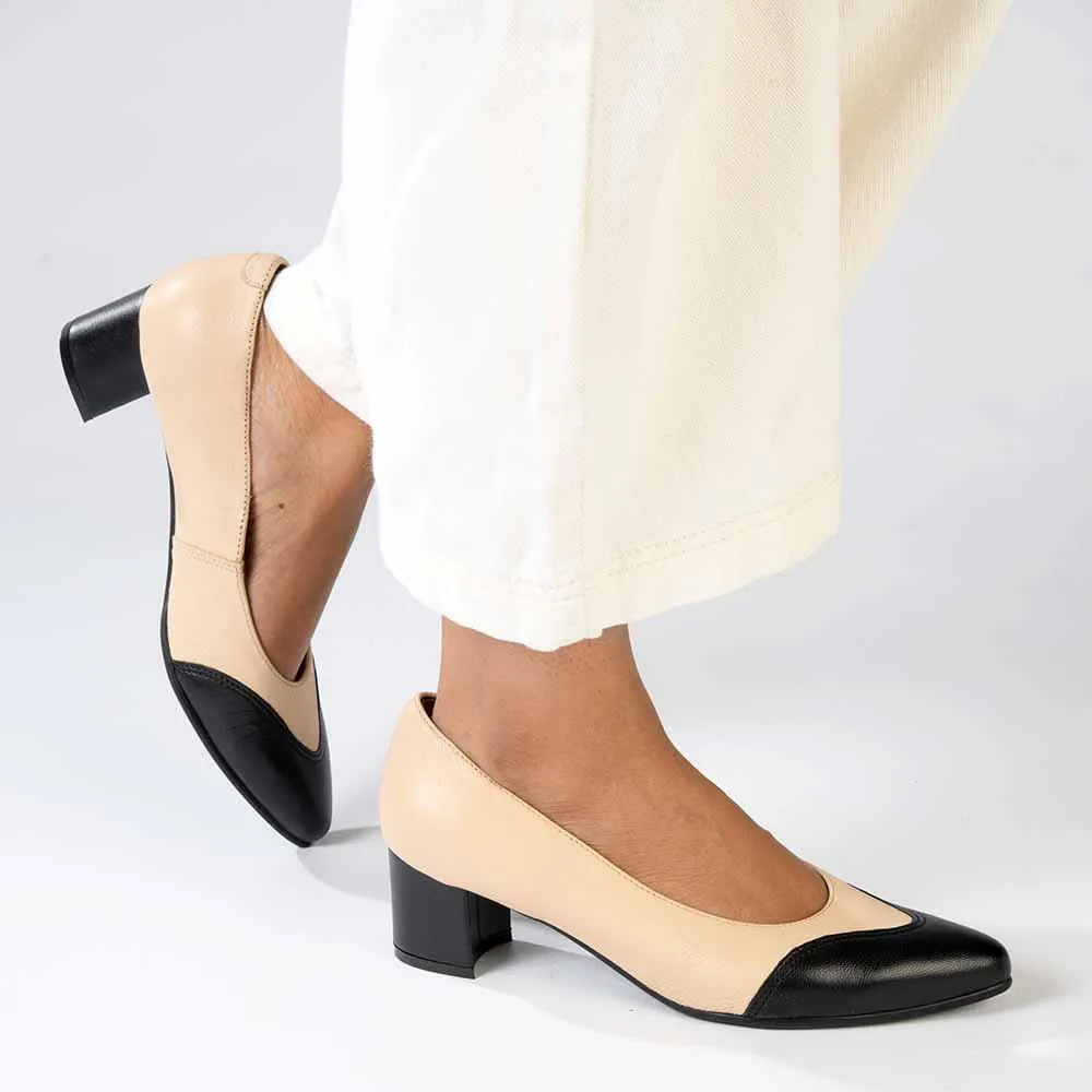 Froggie Spring Leather 2 Toned Block Court Heel - Cream / Black