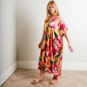 Fuchsia Multi Print Silky Soft Midi Length Kaftan Day and Beach Dress.