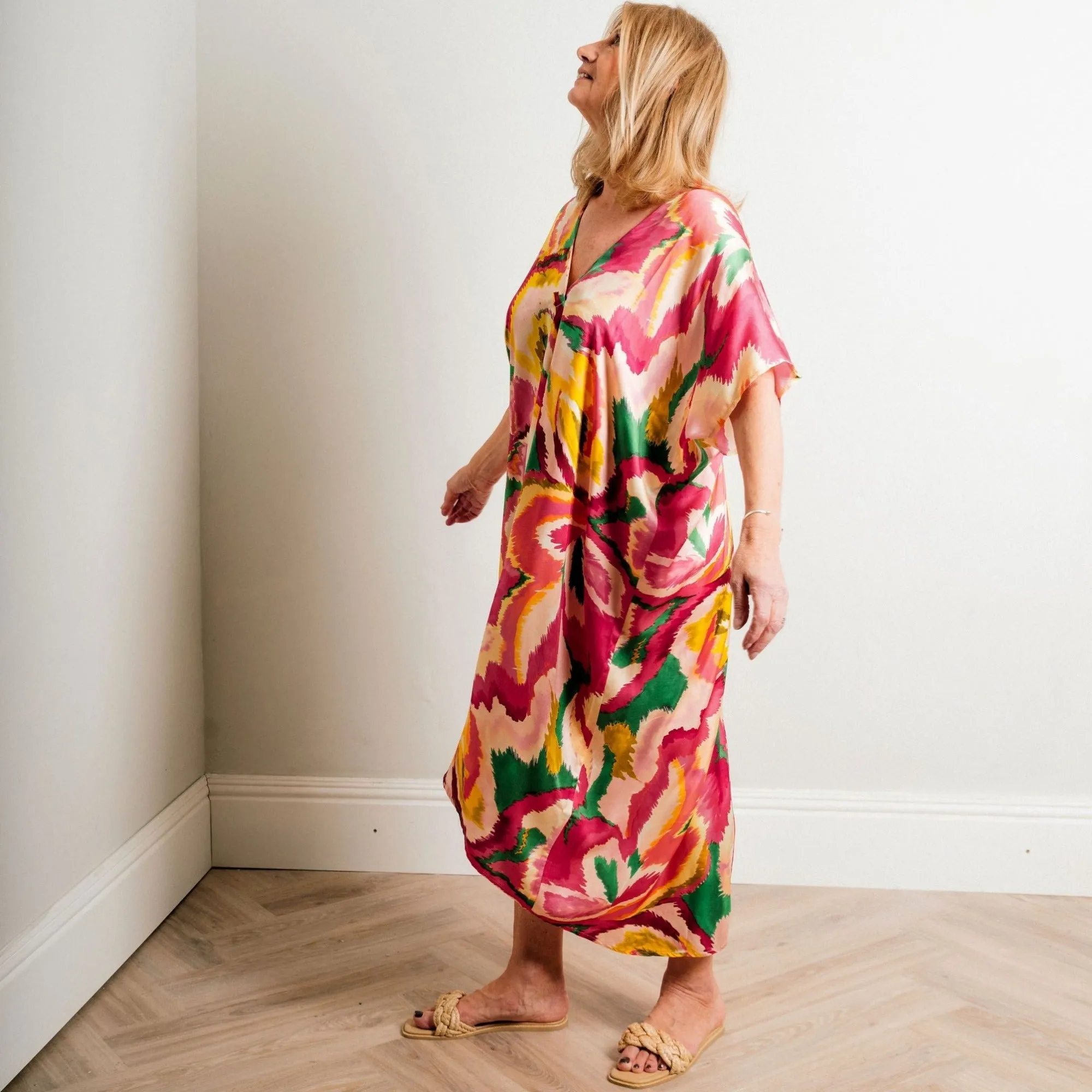 Fuchsia Multi Print Silky Soft Midi Length Kaftan Day and Beach Dress.