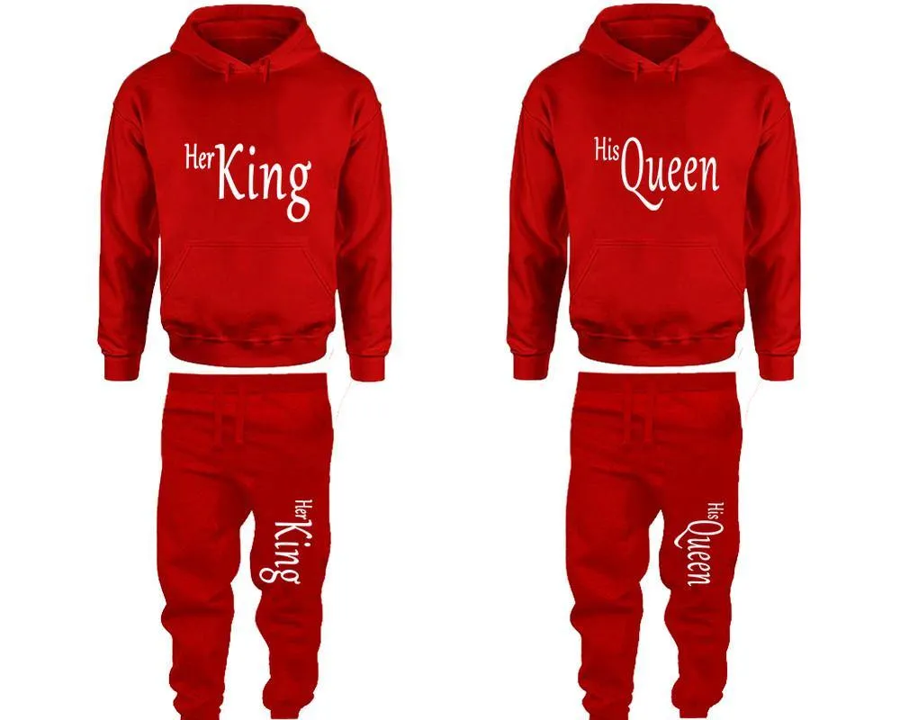 Her King His Queen Couple Pullover Hoodie and Jogger Pants, Matching Top Bottom Sets