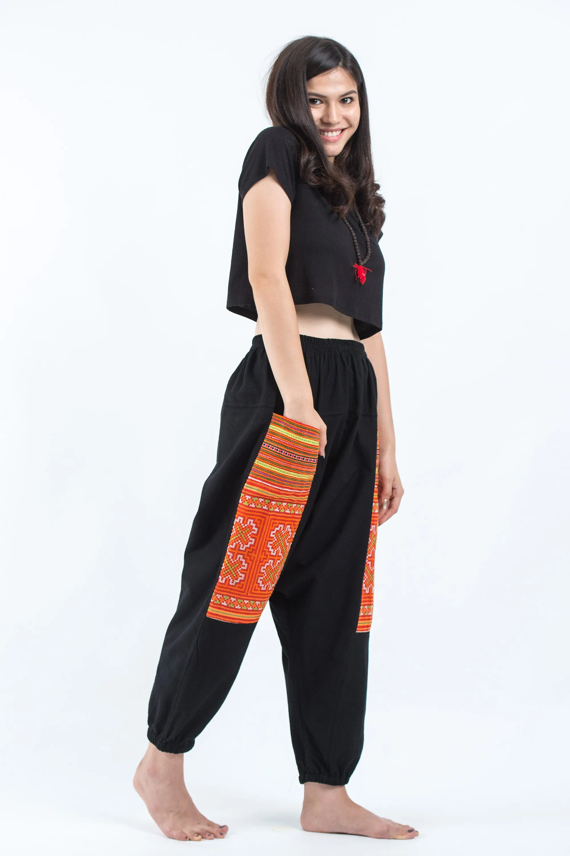 Hill Tribe Embroidered Cotton Women's Harem Pants In Black