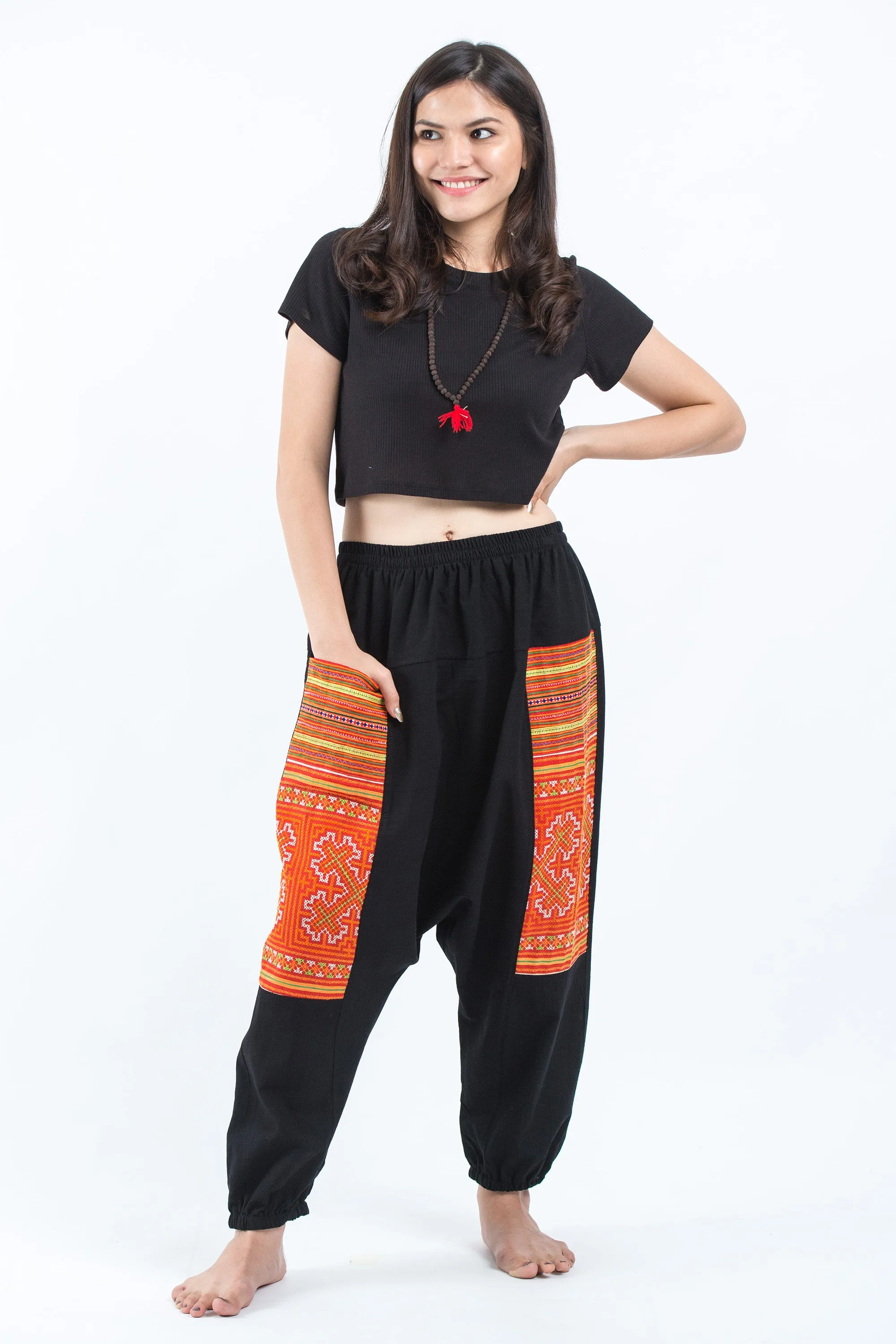 Hill Tribe Embroidered Cotton Women's Harem Pants In Black