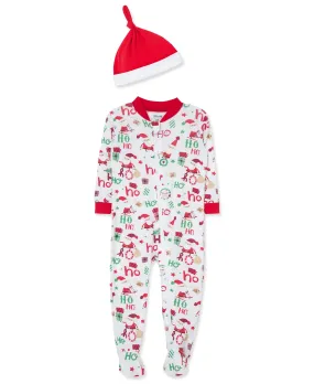 Ho Ho Ho Bamboo Zip Front Footie & Hat (12M-24M)