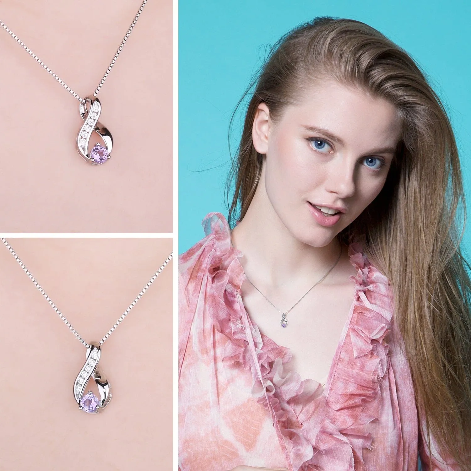 Infinity Genuine Natural Amethyst Pendant Necklace - 925 Sterling Silver