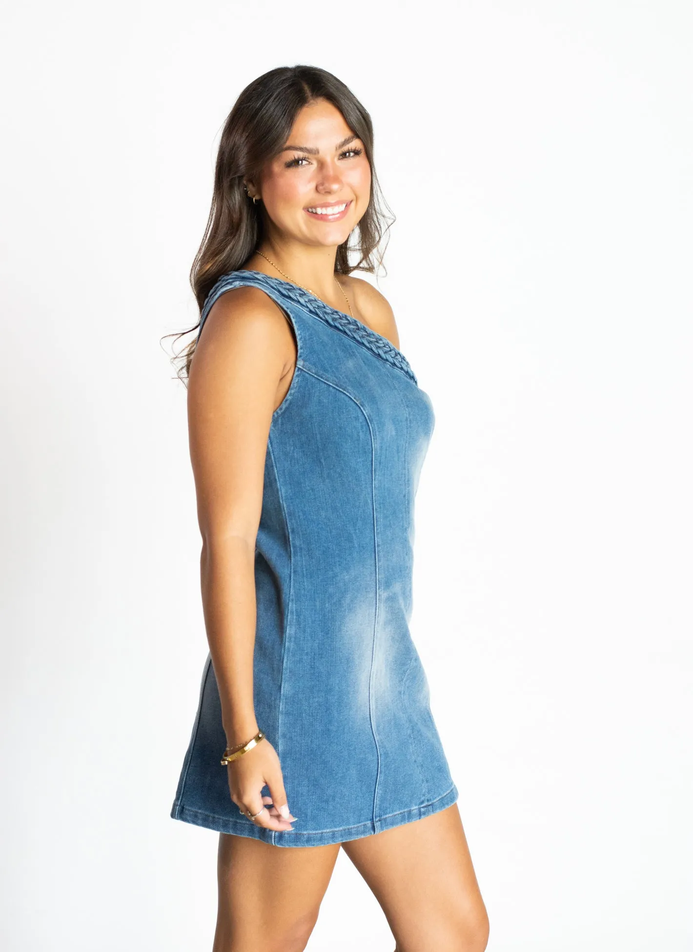 Just A Girl One Shoulder Braided Denim Dress