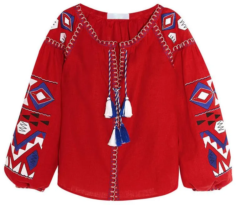 'Kilim' embroidered linen Boho blouse in Red or White