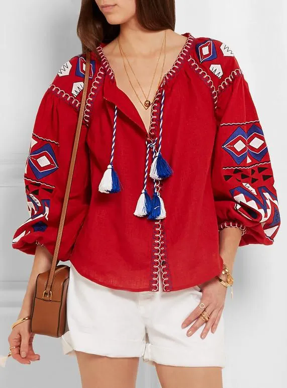 'Kilim' embroidered linen Boho blouse in Red or White