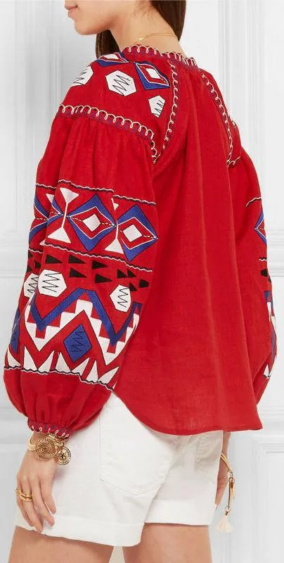 'Kilim' embroidered linen Boho blouse in Red or White