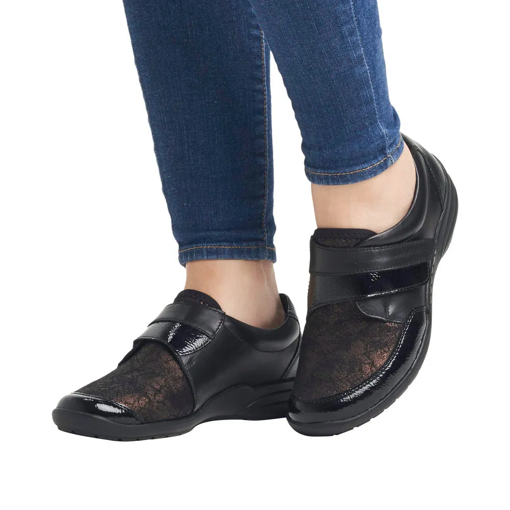 Ladies Strap Over Remonte Shoes Black Patent Mix Wider Fit R7600-03