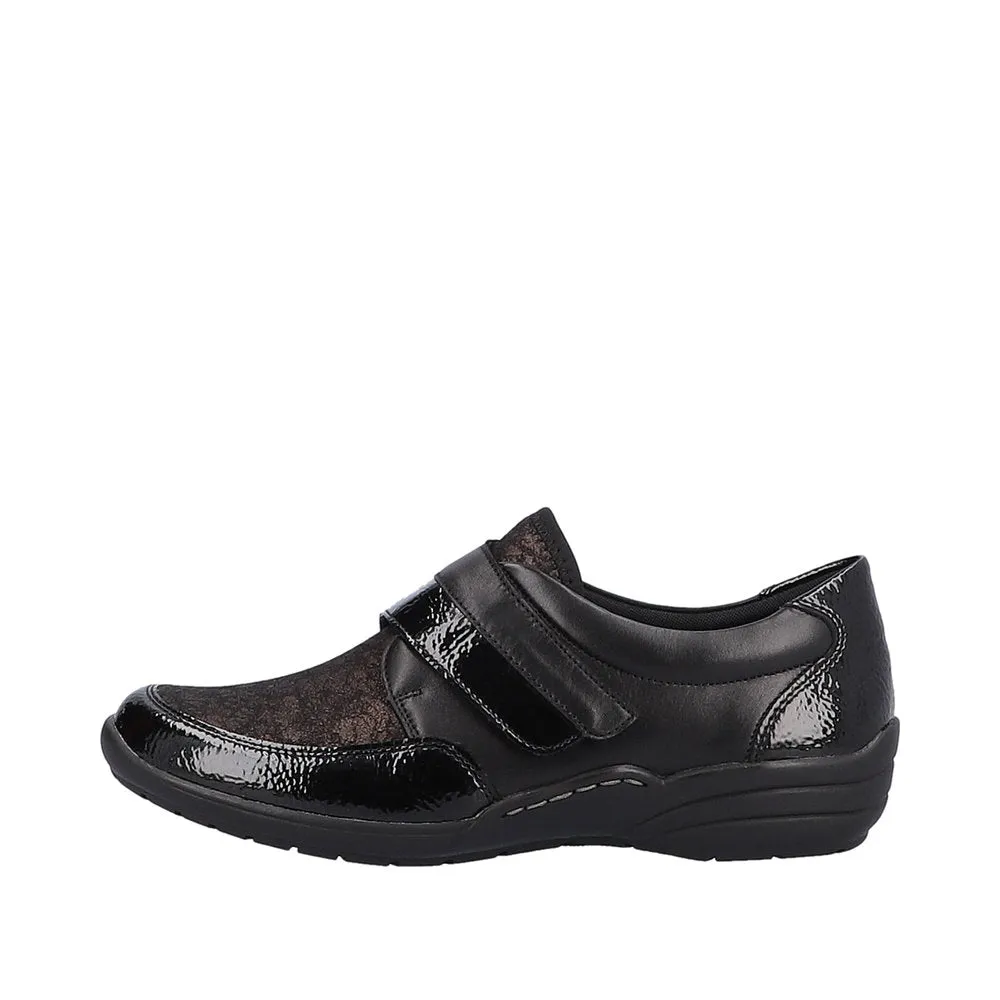 Ladies Strap Over Remonte Shoes Black Patent Mix Wider Fit R7600-03