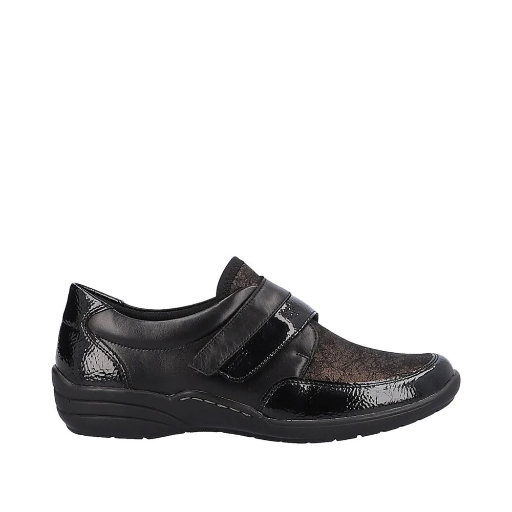 Ladies Strap Over Remonte Shoes Black Patent Mix Wider Fit R7600-03