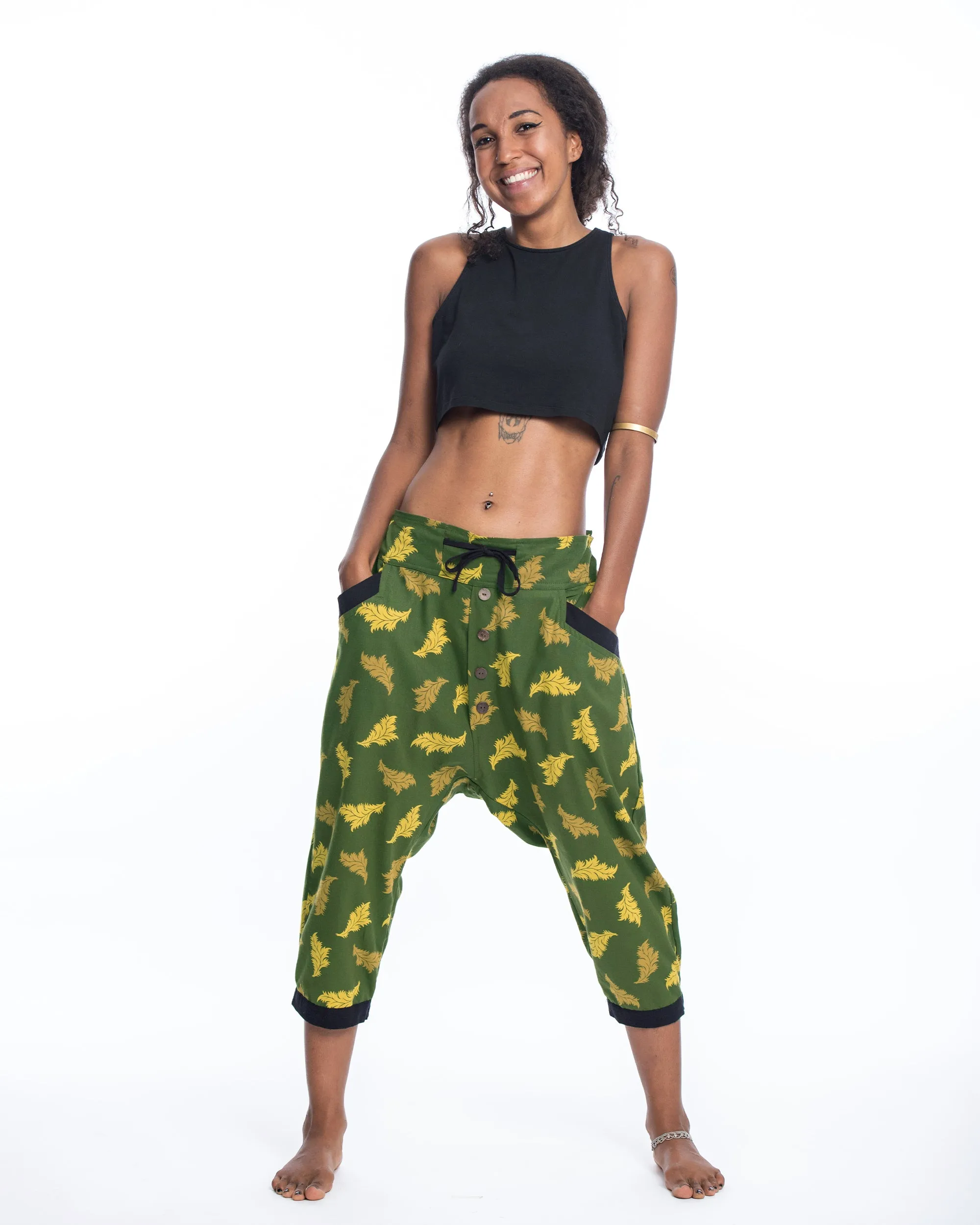 Leaves Women's Harem Pants with Faux Buttons in Green