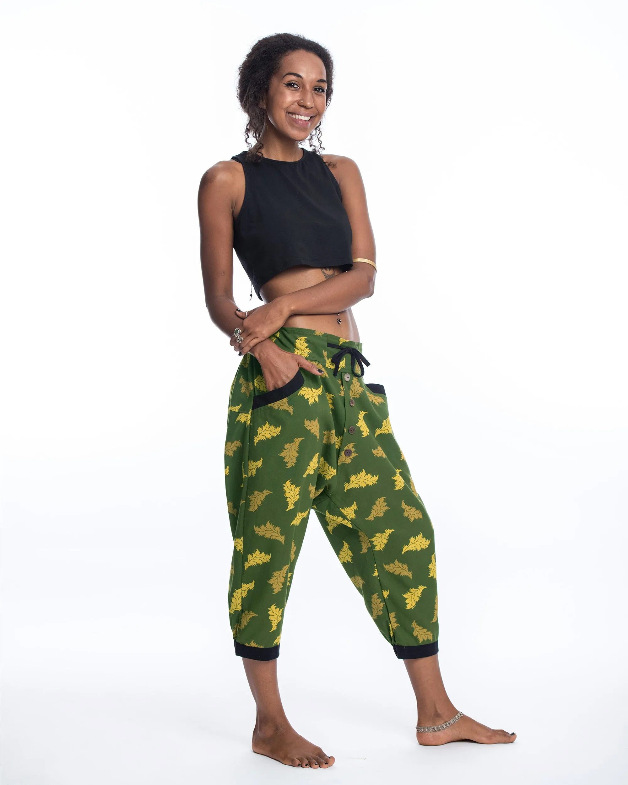 Leaves Women's Harem Pants with Faux Buttons in Green