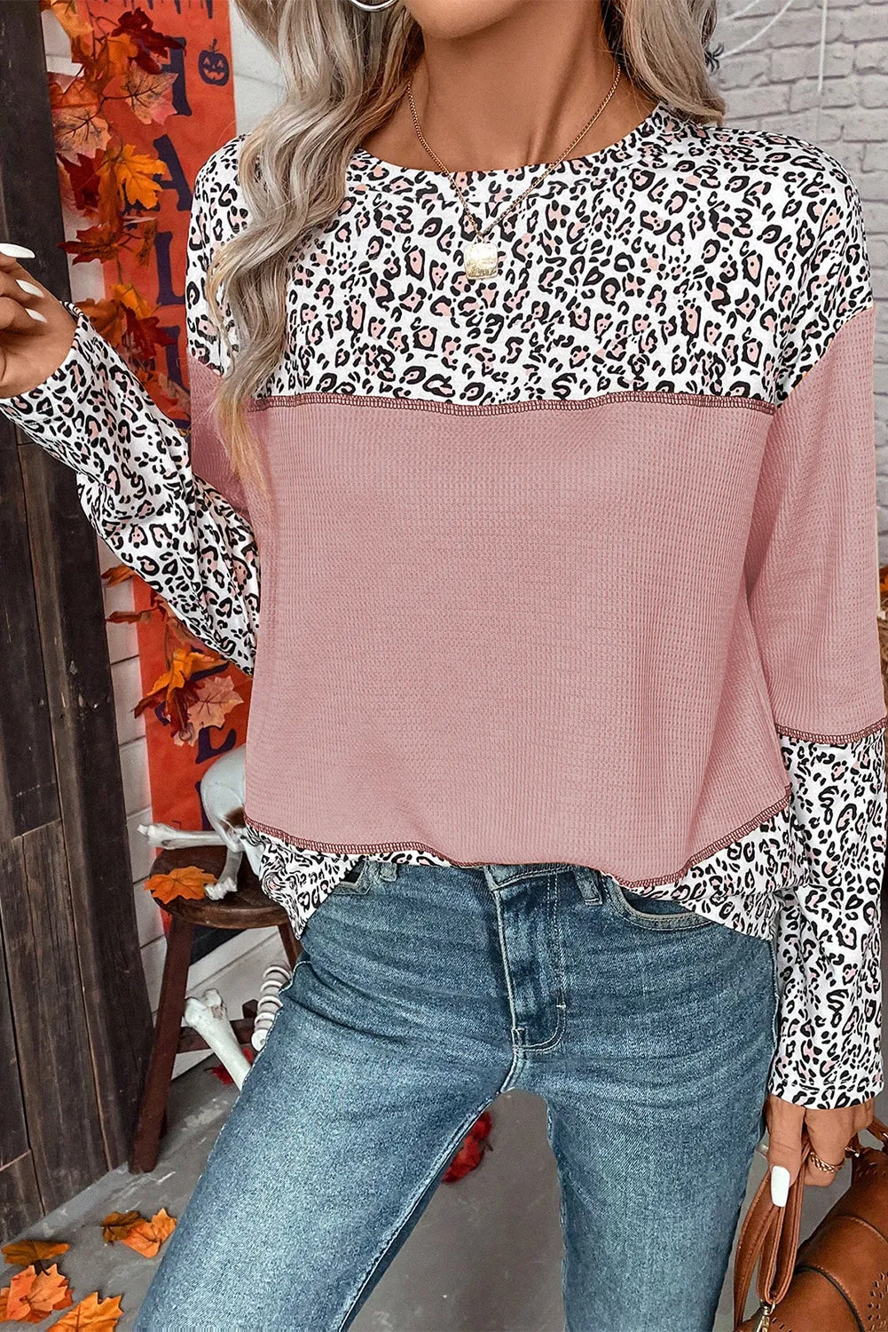 Leopard Print Waffle Knit Patchwork Top