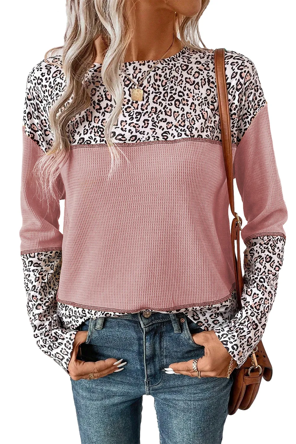 Leopard Print Waffle Knit Patchwork Top