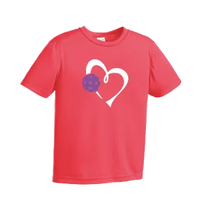 Love Pickleball Heart (Purple) | Youth Short Sleeve Athletic Pickleball Shirt | 100% Polyester