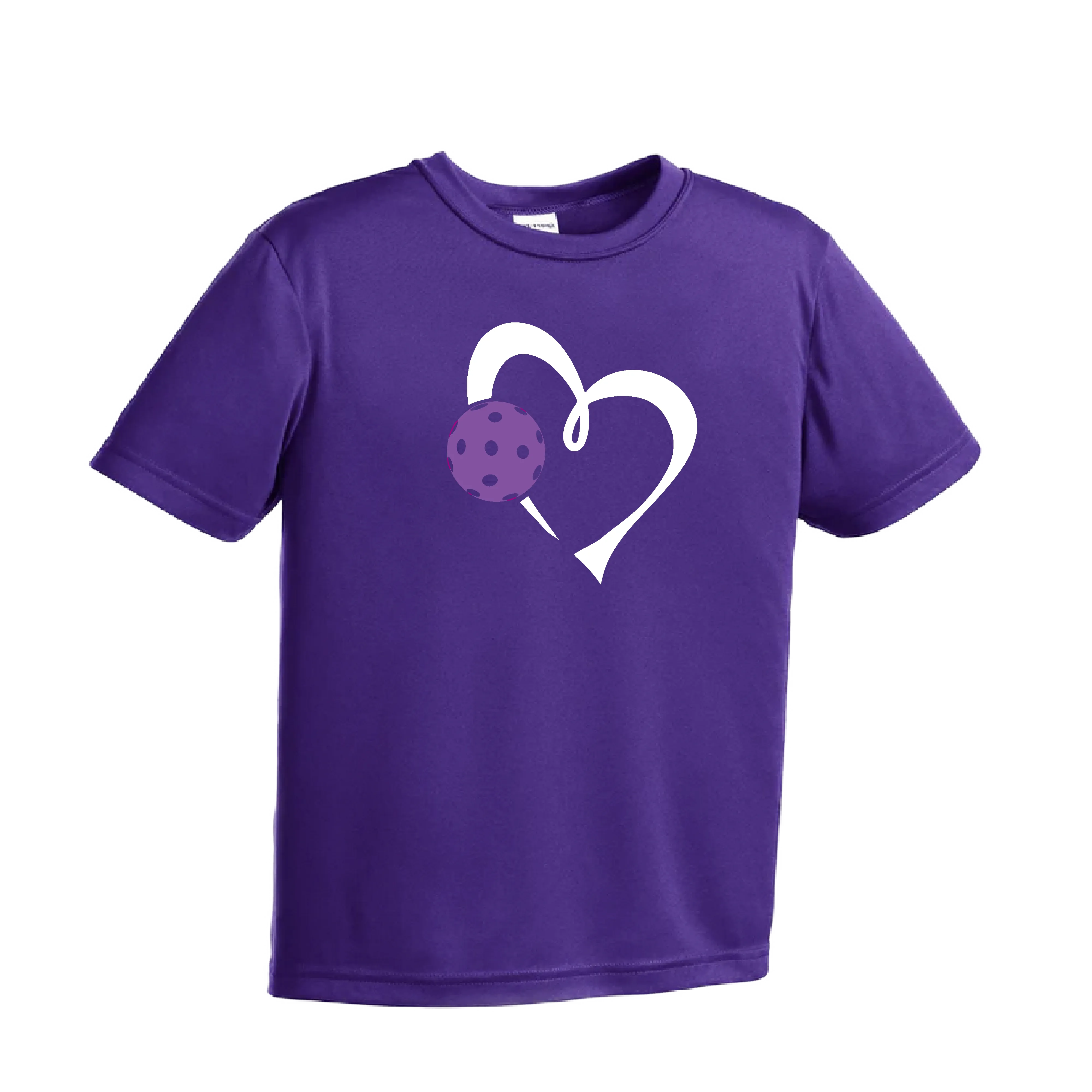 Love Pickleball Heart (Purple) | Youth Short Sleeve Athletic Pickleball Shirt | 100% Polyester