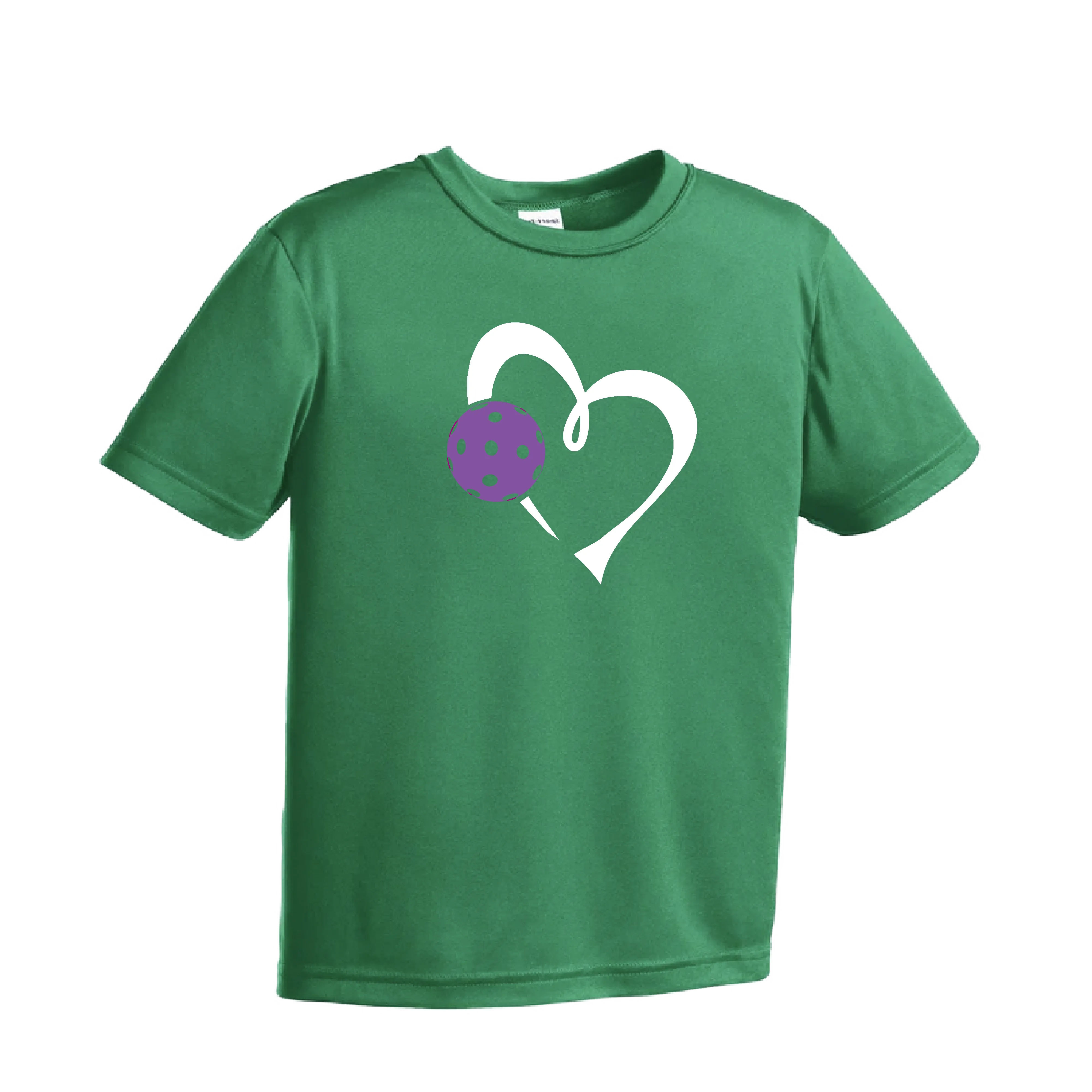 Love Pickleball Heart (Purple) | Youth Short Sleeve Athletic Pickleball Shirt | 100% Polyester