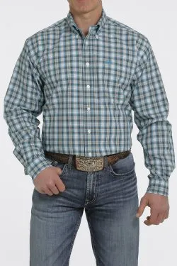 MEN'S PLAID BUTTON-DOWN WESTERN SHIRT - TURQUOISE / WHITE