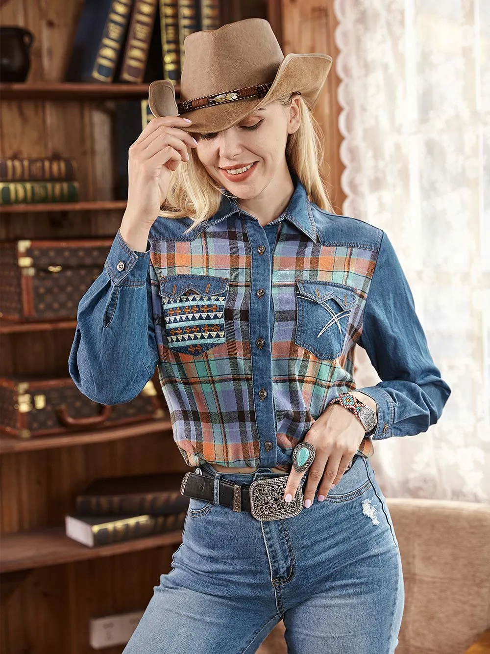 Montana West Patchwork Plaid Embroidered Long Sleeve Chambray Shirt