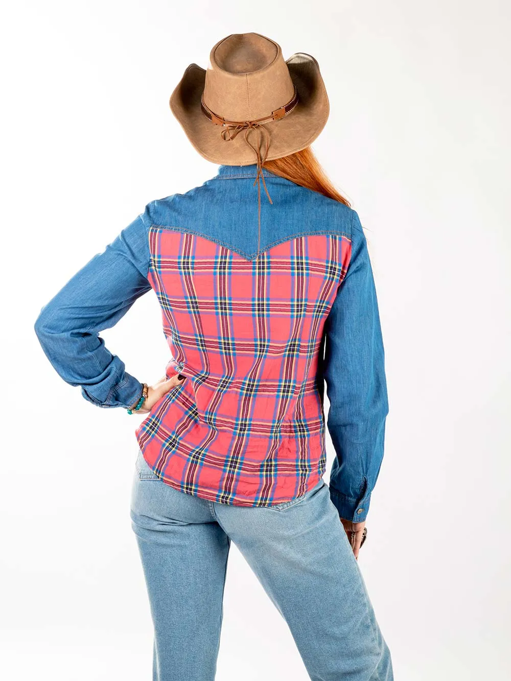 Montana West Patchwork Plaid Embroidered Long Sleeve Chambray Shirt