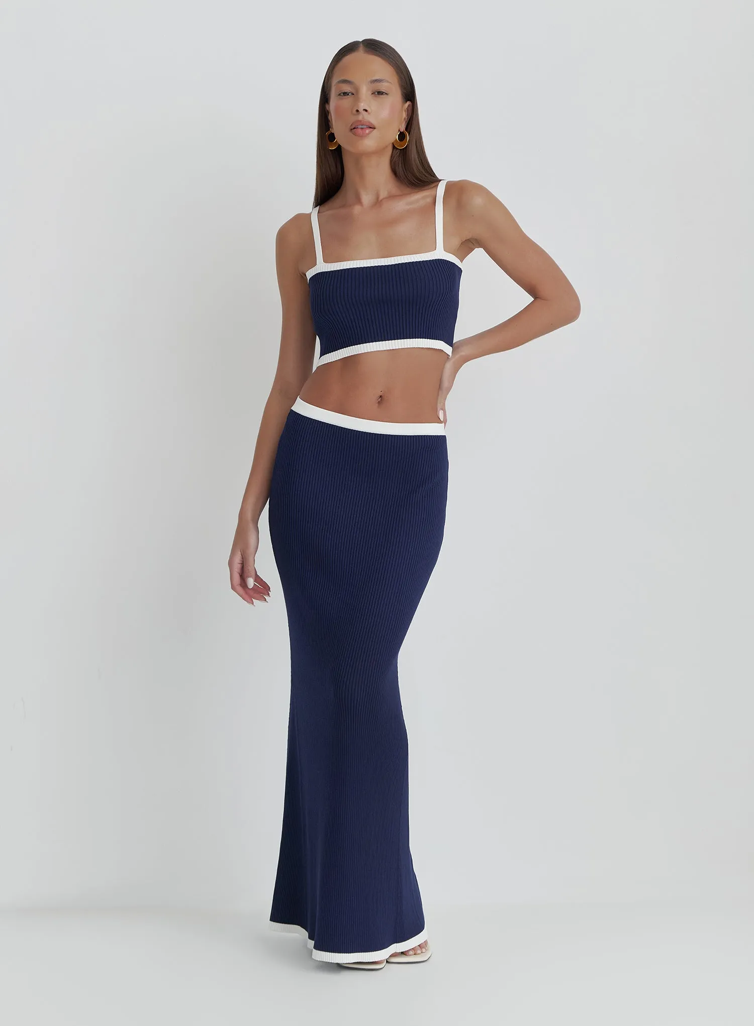 Navy Contrast Waistband Knitted Maxi Skirt- Colette