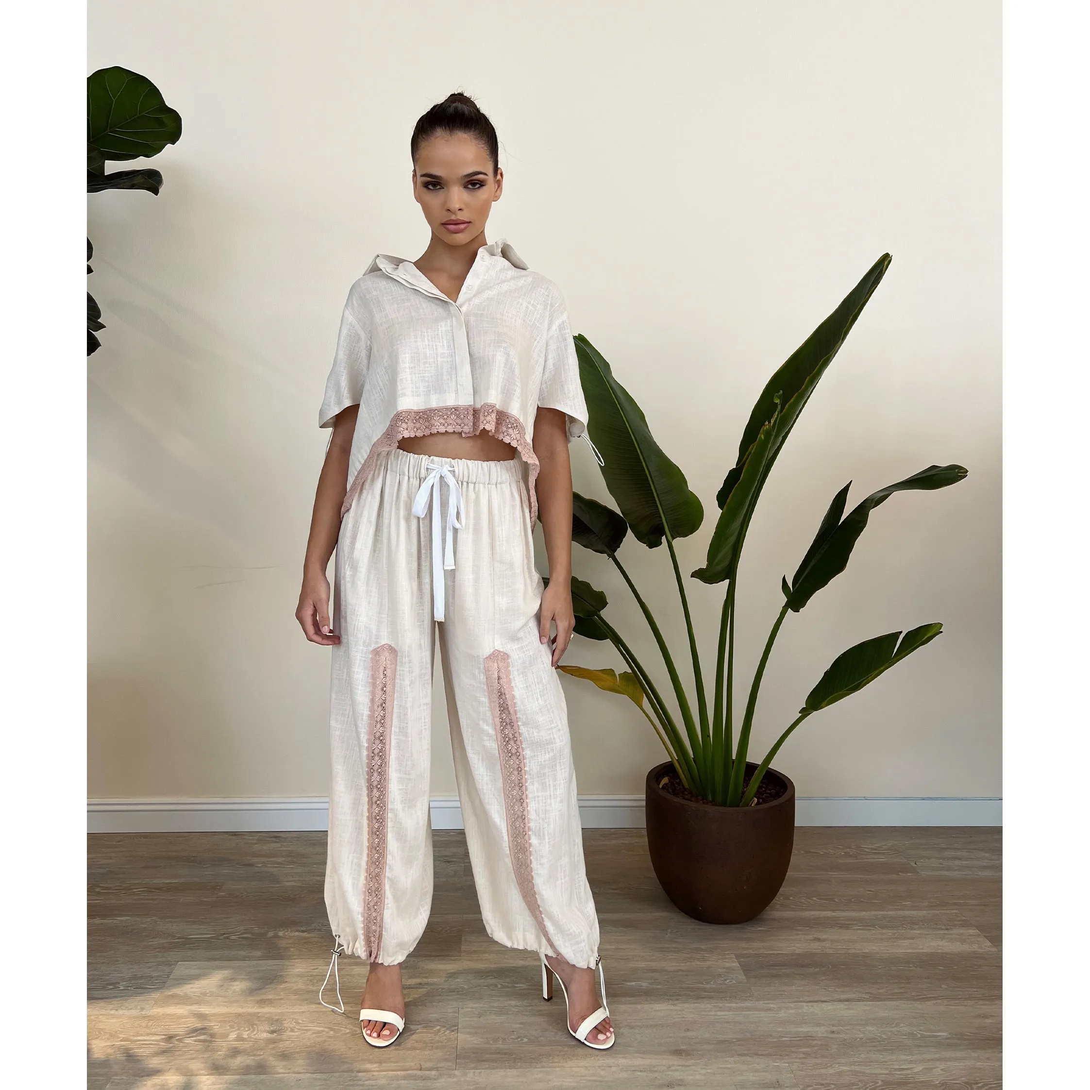 Off White Linen and Nude Lace Toggle Pants