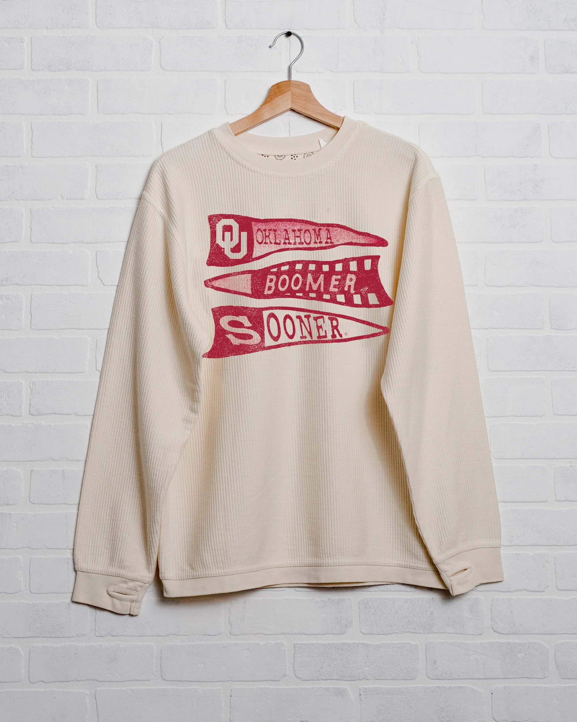 OU Sooners Pennant Ivory Corded Crew Sweatshirt