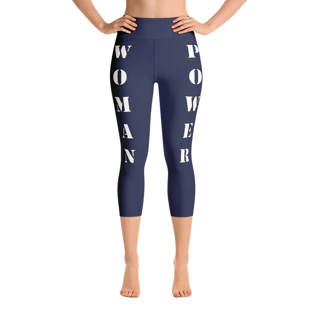 Our best viral yoga capri leggings with woman power - Midnight Blue Color with White Letters