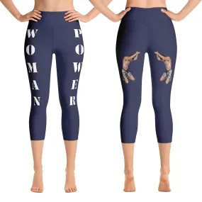 Our best viral yoga capri leggings with woman power - Midnight Blue Color with White Letters