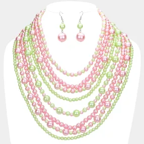 Pink and Green Pearl Multi Strand Bib Necklace