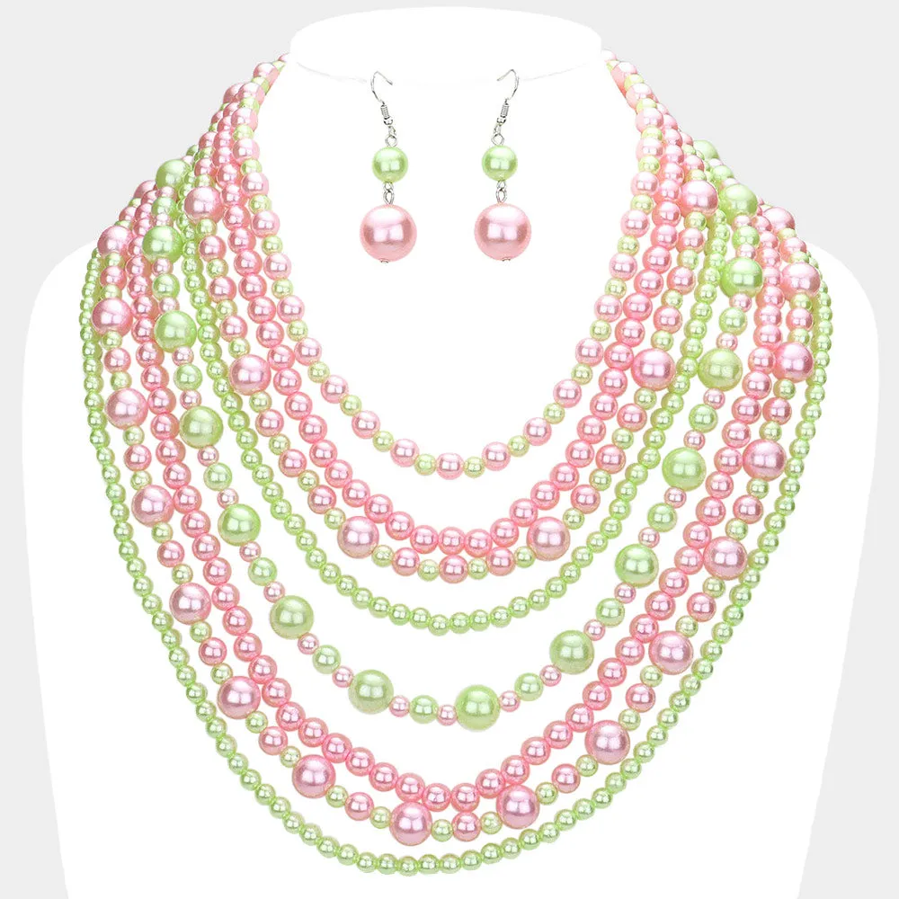 Pink and Green Pearl Multi Strand Bib Necklace