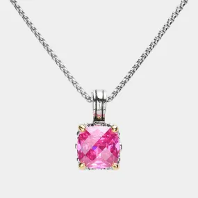 Pink Square Cubic Zirconia Stone Cluster Pendant Necklace