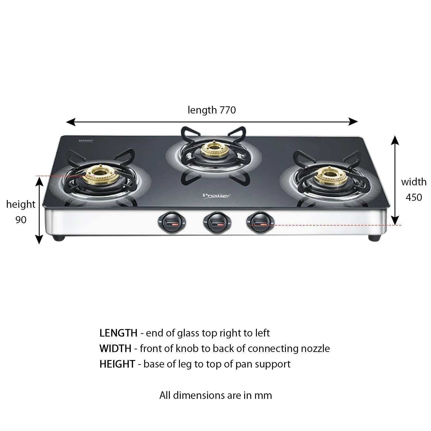 Prestige Royale Plus Schott Glass 3 Burner Gas Stove, SS (GTS 03SS)