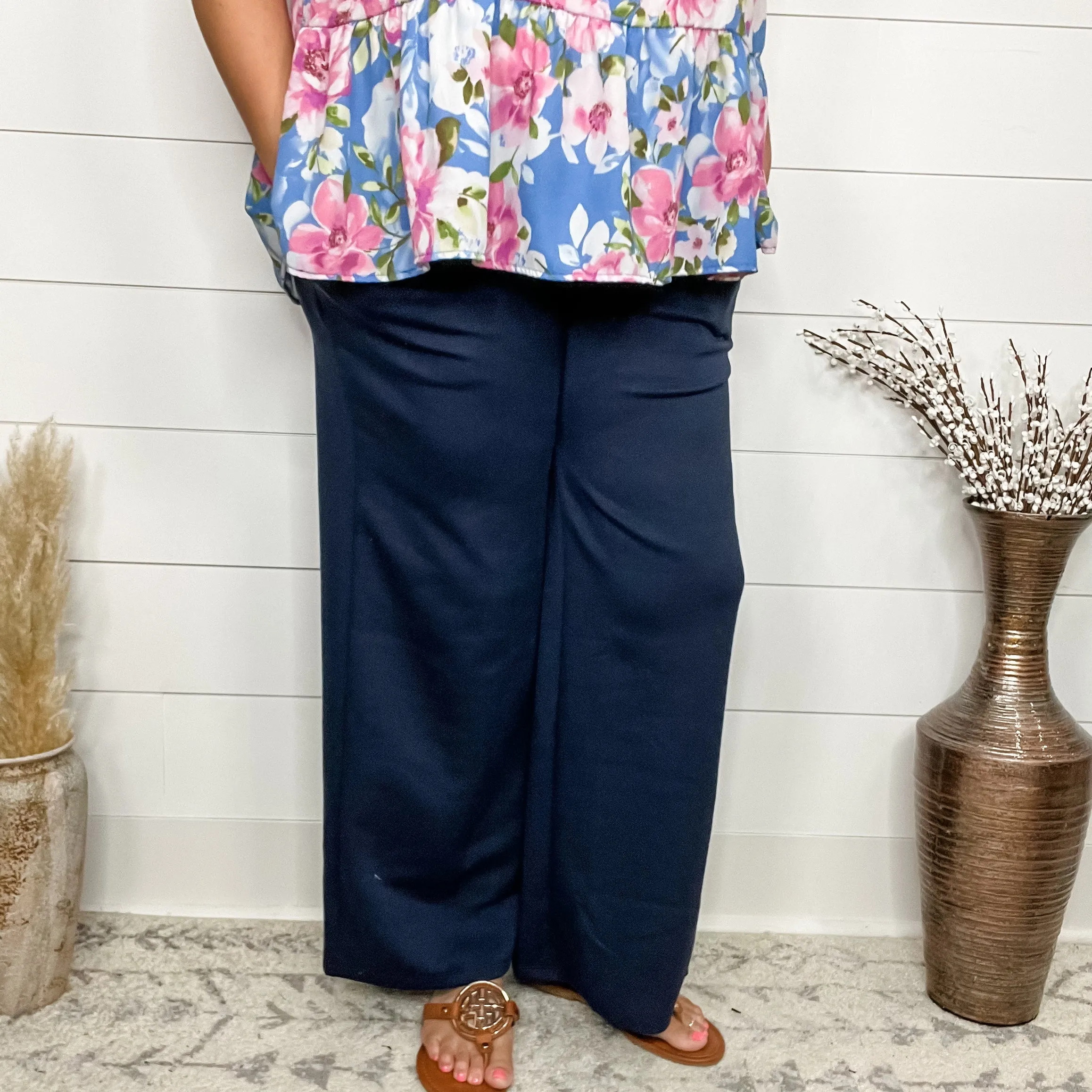 "In Flight" Wide Leg Open Bottom Casual Pants with Pockets (Navy)