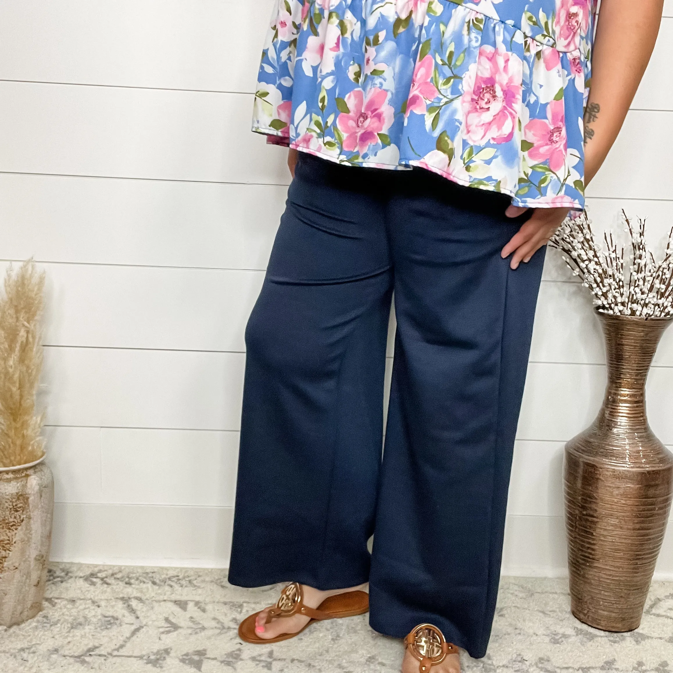 "In Flight" Wide Leg Open Bottom Casual Pants with Pockets (Navy)