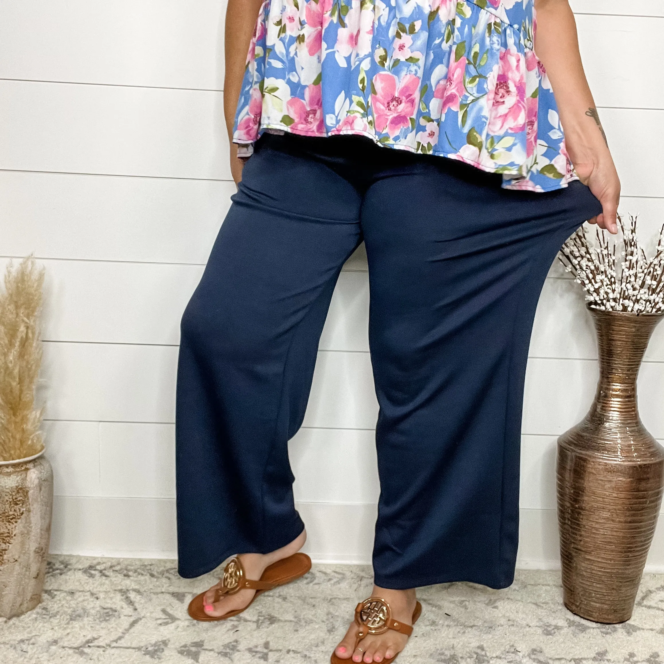 "In Flight" Wide Leg Open Bottom Casual Pants with Pockets (Navy)