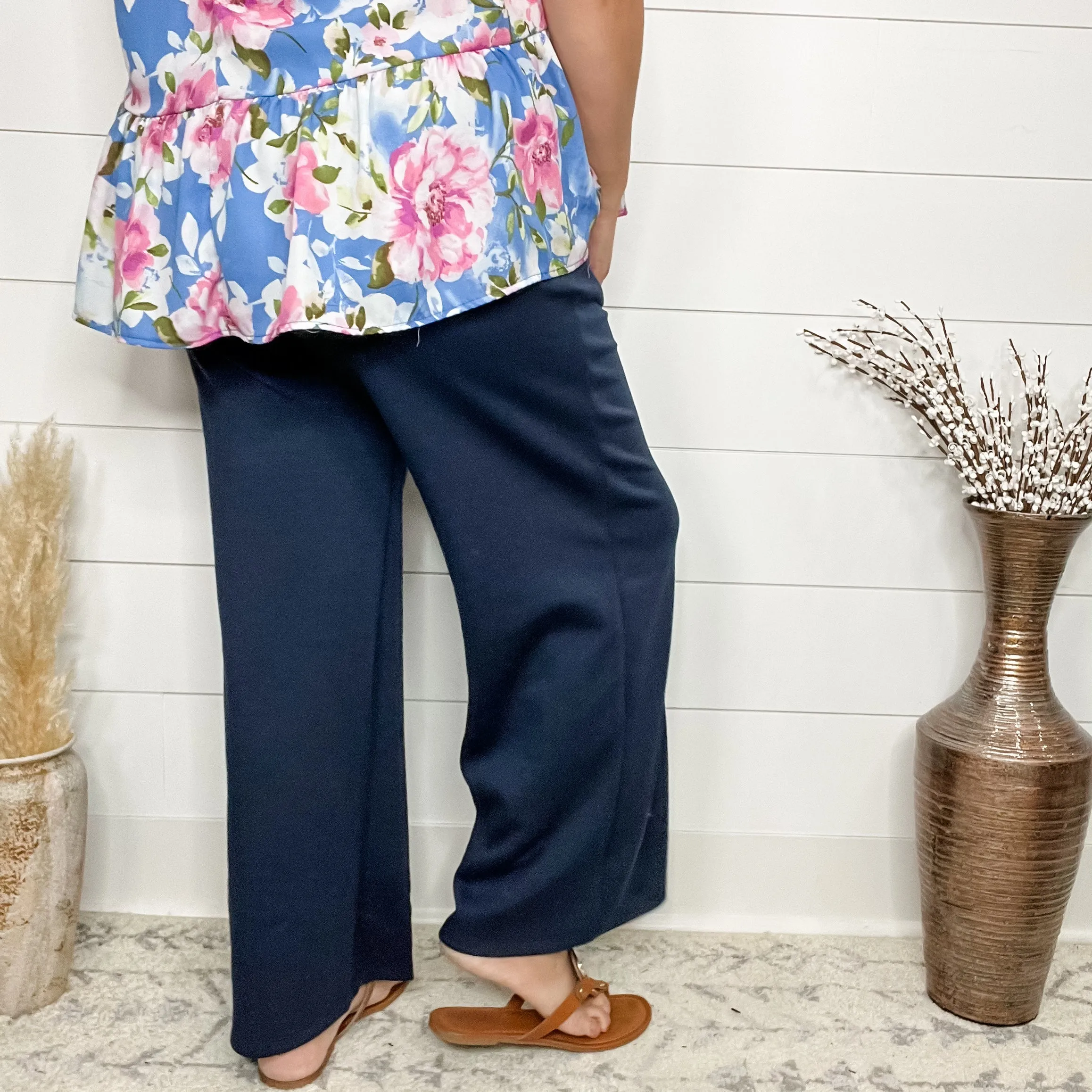 "In Flight" Wide Leg Open Bottom Casual Pants with Pockets (Navy)