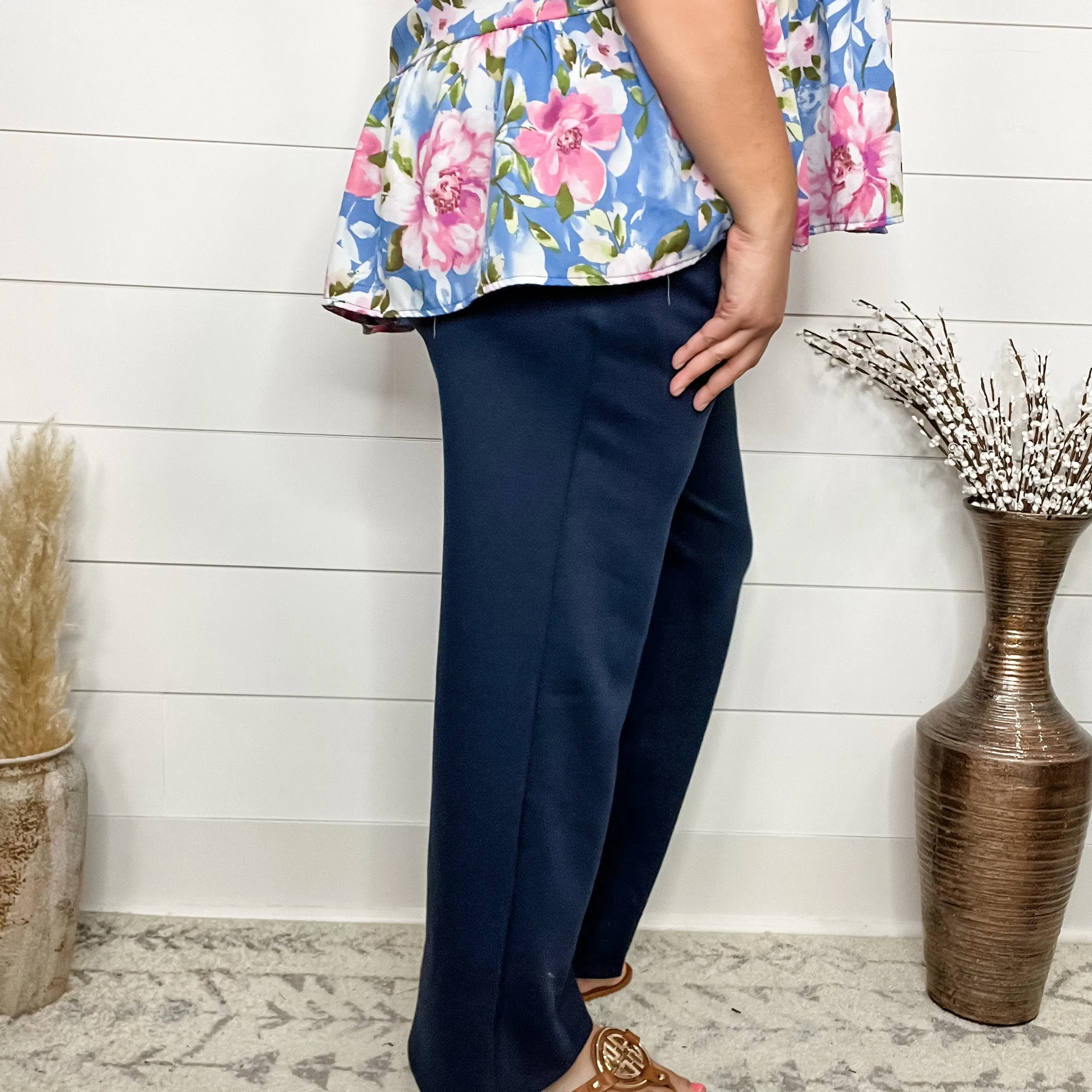 "In Flight" Wide Leg Open Bottom Casual Pants with Pockets (Navy)