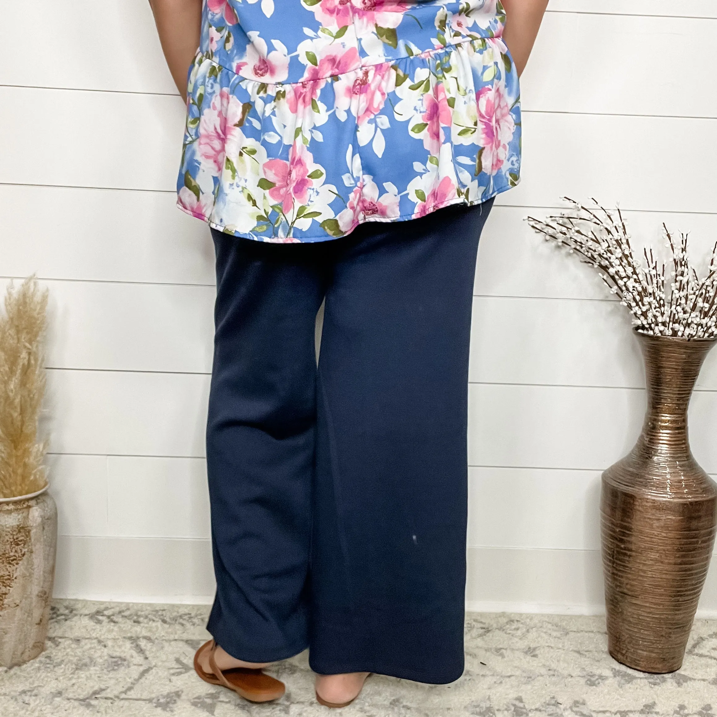 "In Flight" Wide Leg Open Bottom Casual Pants with Pockets (Navy)