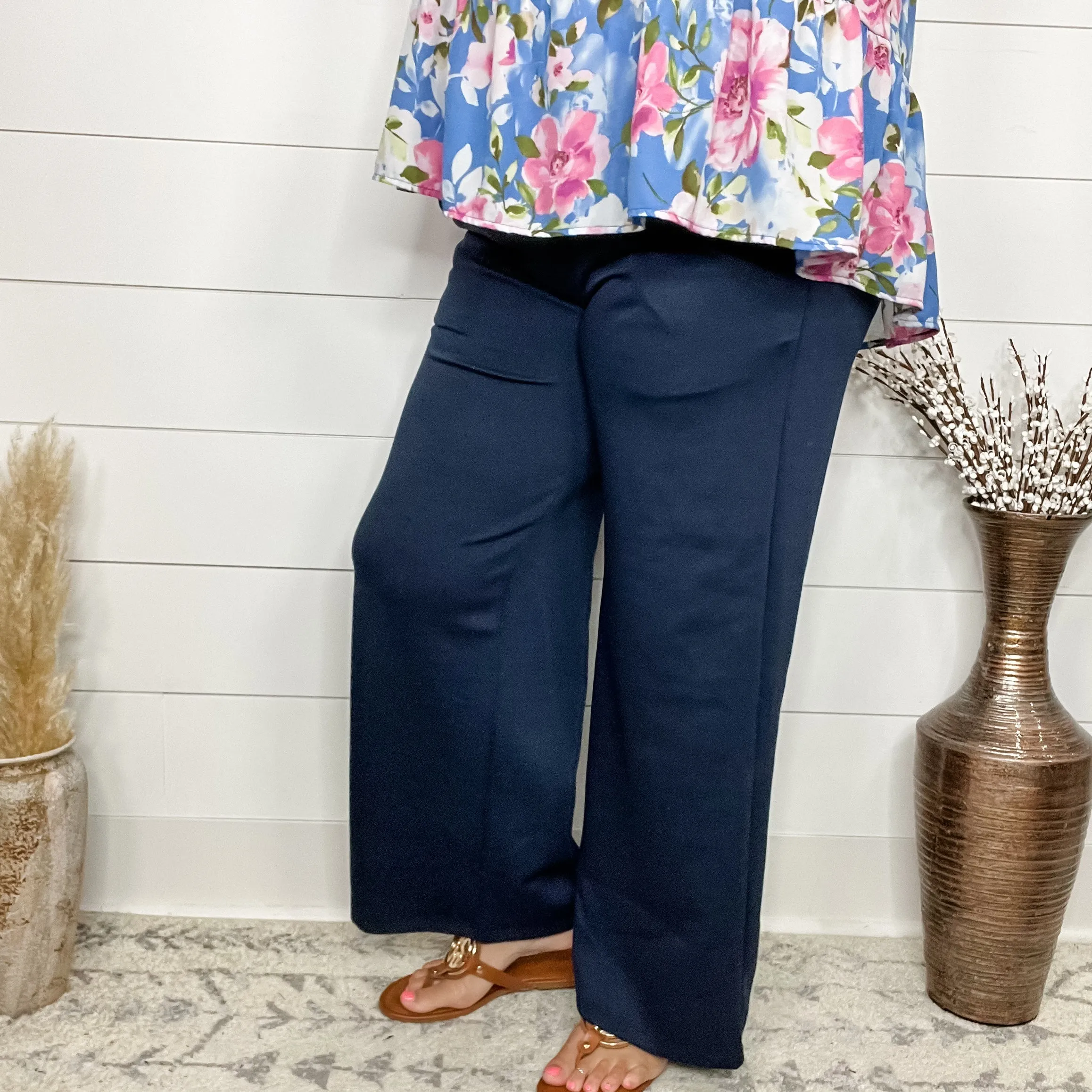 "In Flight" Wide Leg Open Bottom Casual Pants with Pockets (Navy)