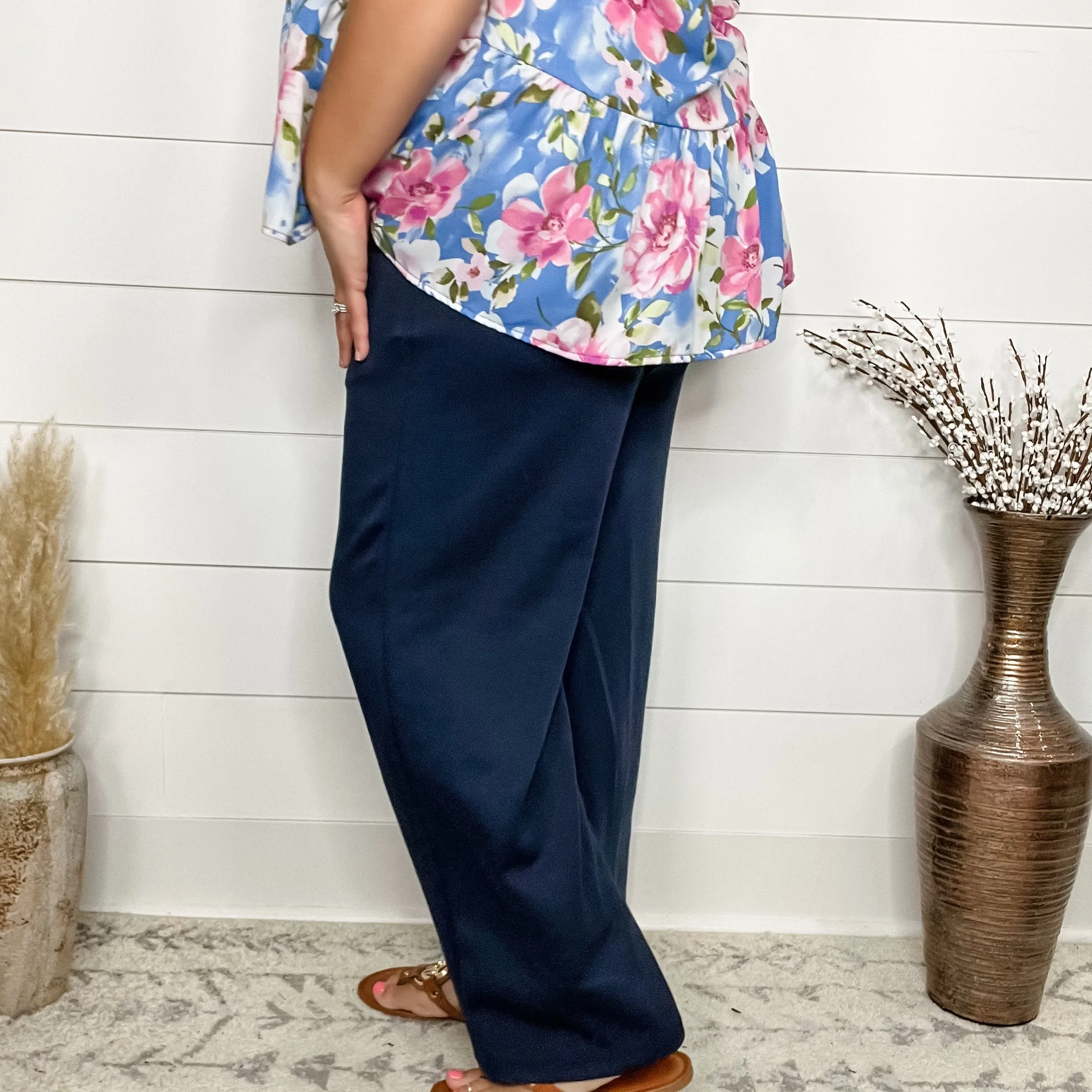 "In Flight" Wide Leg Open Bottom Casual Pants with Pockets (Navy)